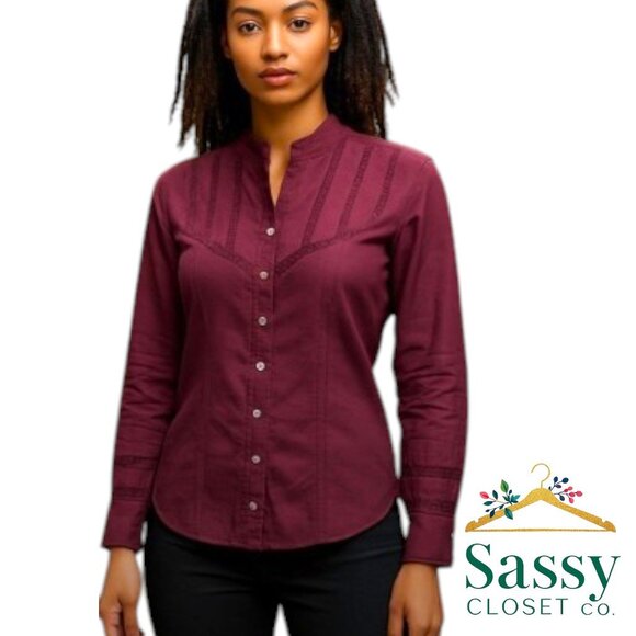 J. JILL Top – Cotton Stretch Button-Up, Burgundy, Sz XS, Excellent - Picture 1 of 9